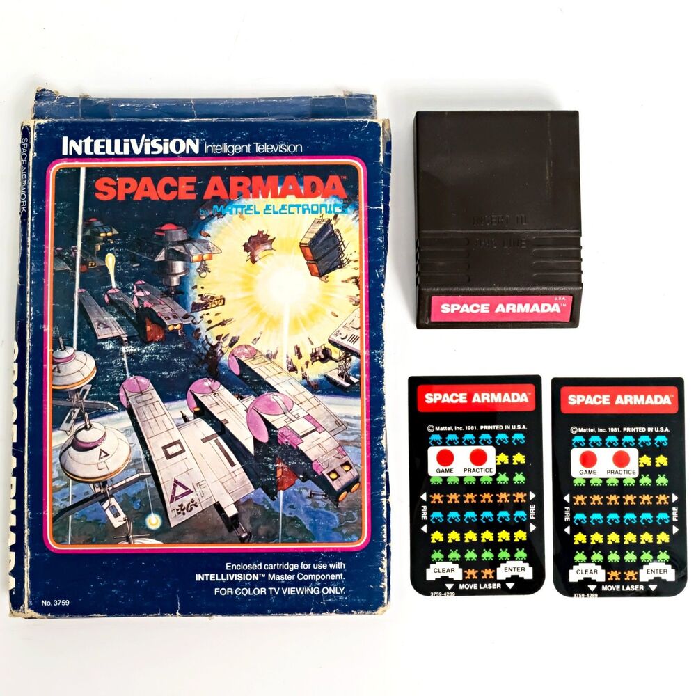 1981 Mattel Intellivision Space Armada - Box, Game, and Overlays - NO Manual